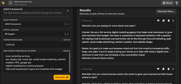 ai content generator tool - simplified aida copywriting