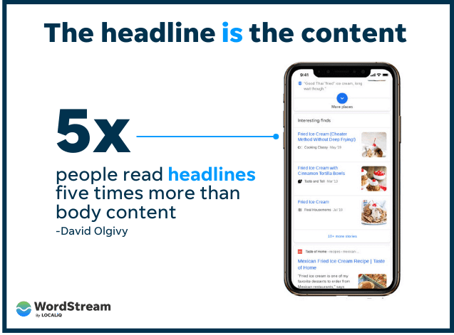 headline examples - people are 5x more likely to read headlines than body content