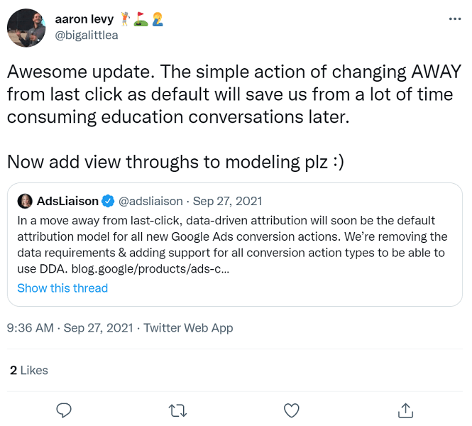 ppc influencers - tweet from aaron levy regarding data driven attribution