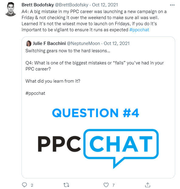 ppc influencers - brett bodofsky ppc chat twitter response on beginner mistakes