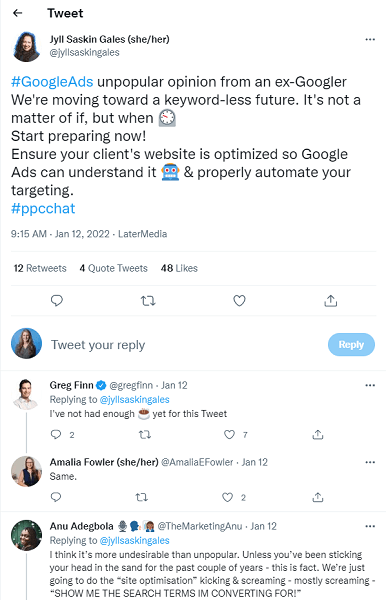 ppc influencers 2022 - jyll saskin tweet on google ads unpopular opinions