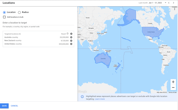 how to save money in google ads - location targeting