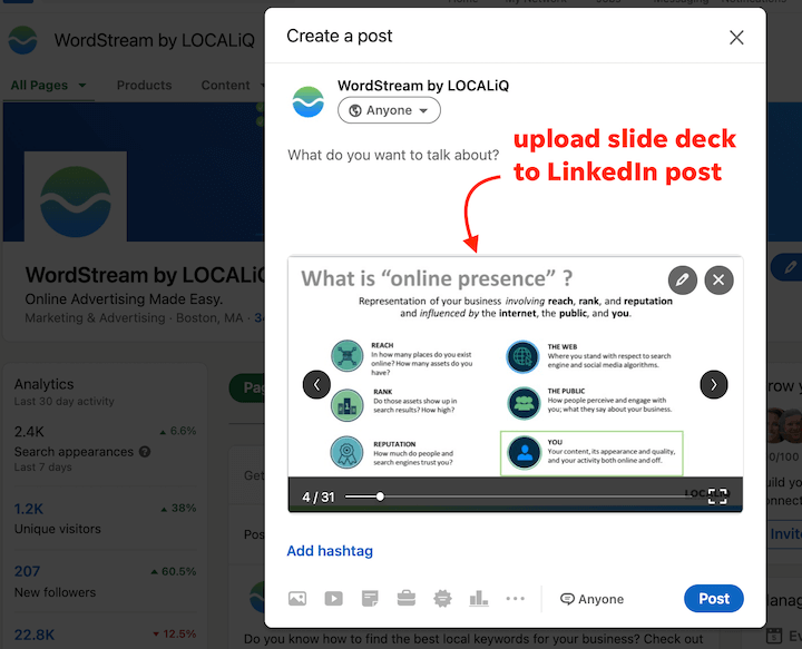 social media marketing strategy - tip: upload slide decks to linkedin posts