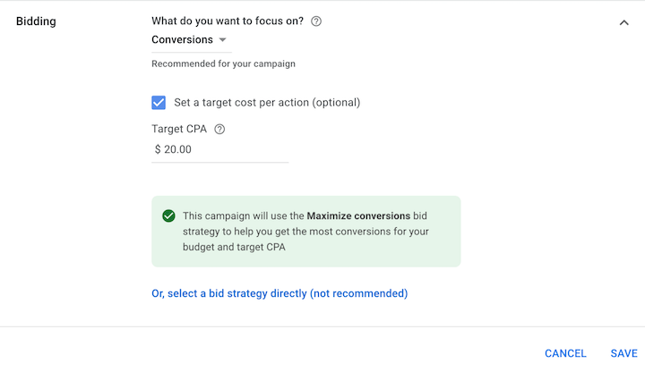 target CPA bidding in google ads