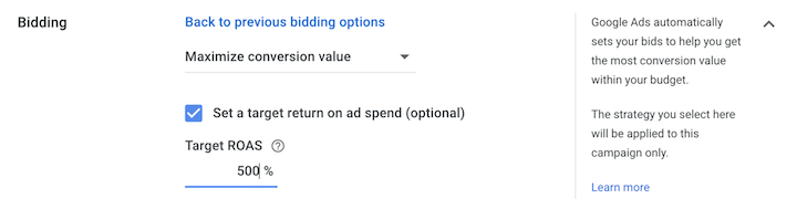 target roas vs max conversion value bidding strategy in google ads