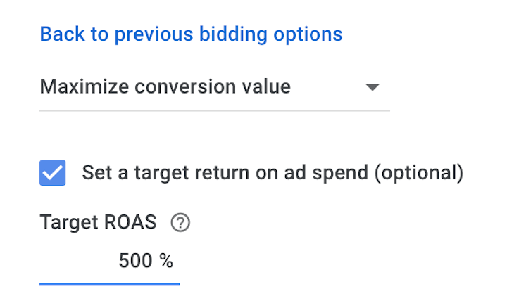 opção de roas alvo na estratégia de lances de valor máximo de conversão nos anúncios do Google