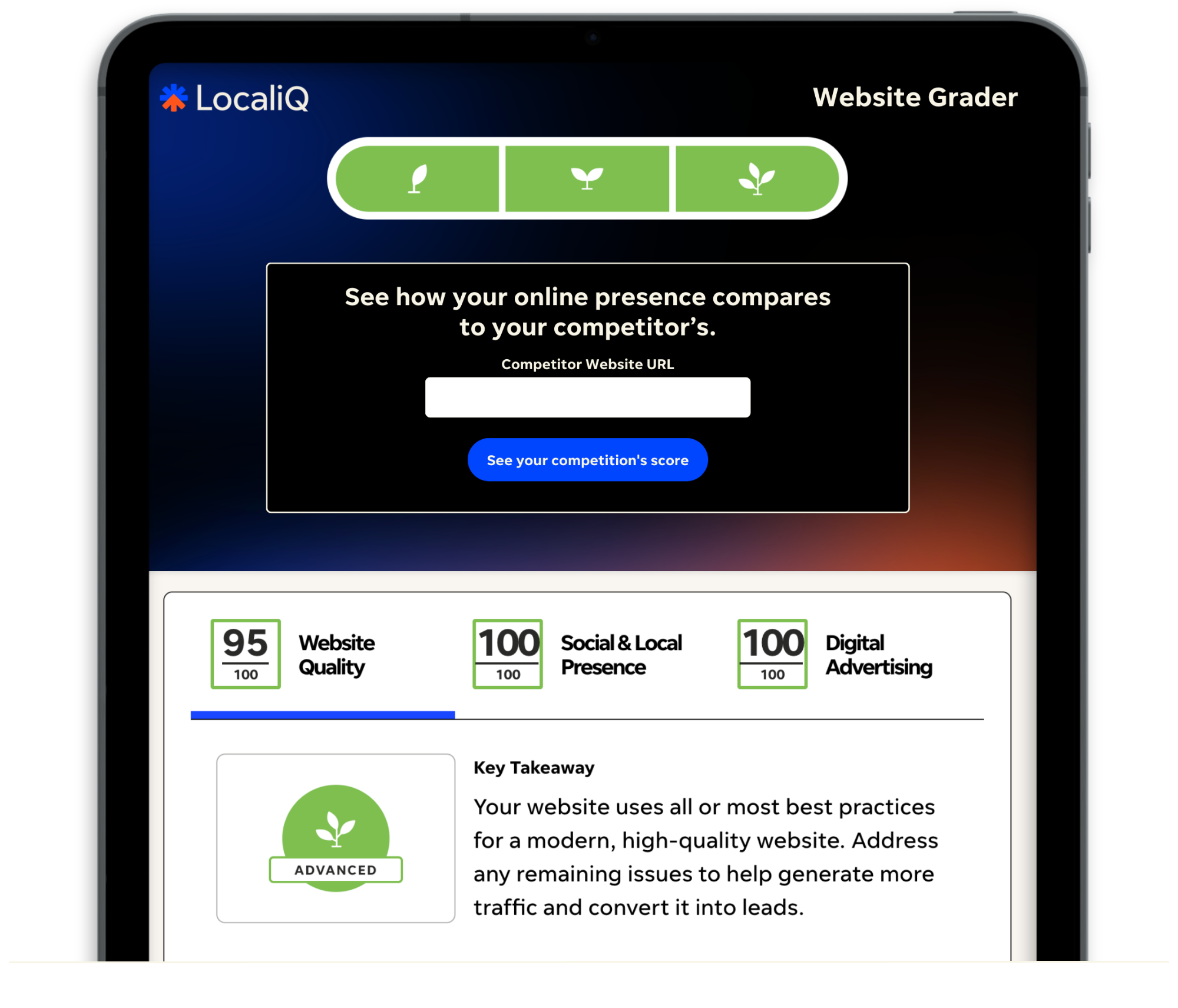 LocaliQ Website Grader example report on ipad