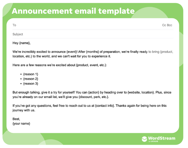 announcement email template for business