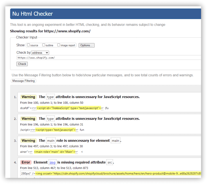 website graders - nu html checker sample report