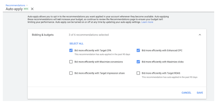 recomendações de aplicação automática de anúncios do Google