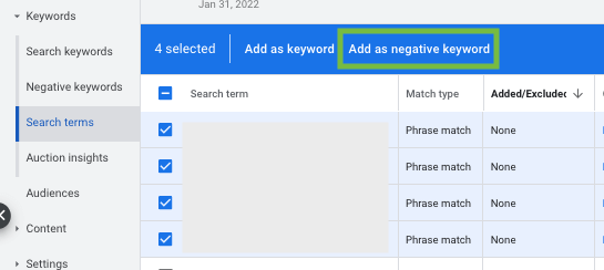 anúncios do google - adicionar como palavra-chave negativa