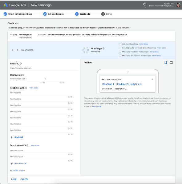 como executar anúncios do Google - captura de tela do portal de criação de anúncios de pesquisa responsivos