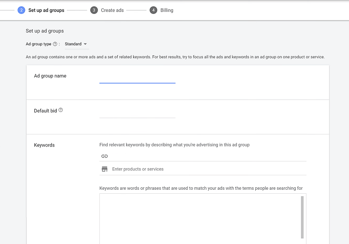 como executar anúncios do google - captura de tela das etapas de nomenclatura do grupo de anúncios