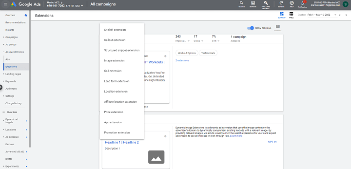 como executar anúncios do google - exemplo da seção de extensões de anúncio da plataforma de anúncios do google