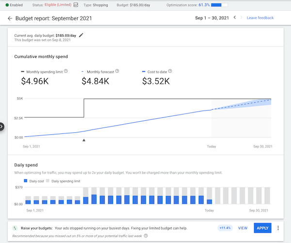 como veicular anúncios do google - captura de tela de insights do relatório de orçamento de anúncios do google