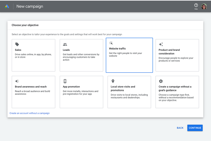 como veicular anúncios do google - antes de selecionar uma campanha, selecione um conjunto de metas exemplificadas aqui