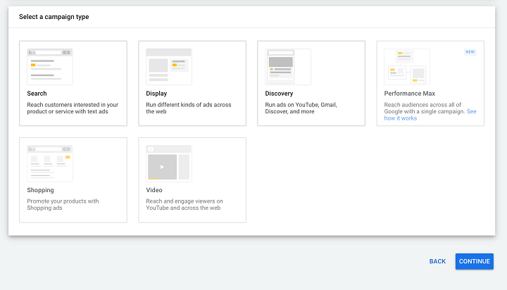 how to run google ads - selecting campaign type from choices presented on google ads screen