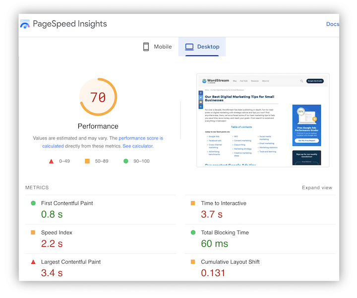 Lead generation website - Screenshot of Google's page speed insights