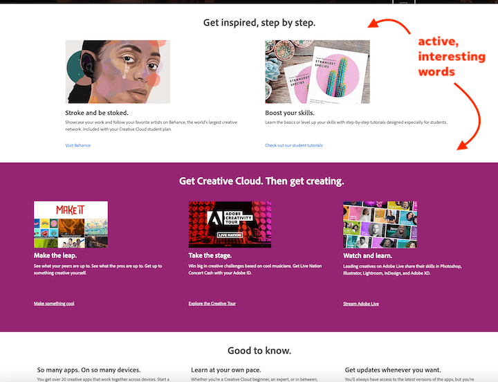 landing page examples - adobe's active, interesting words