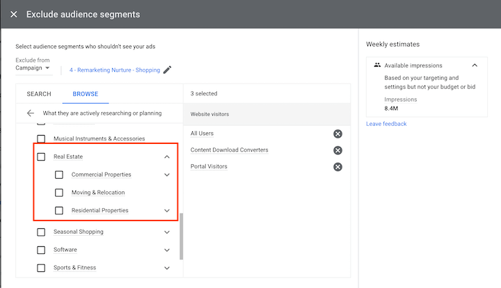 dicas de redirecionamento - exclusões no mercado de anúncios do Google