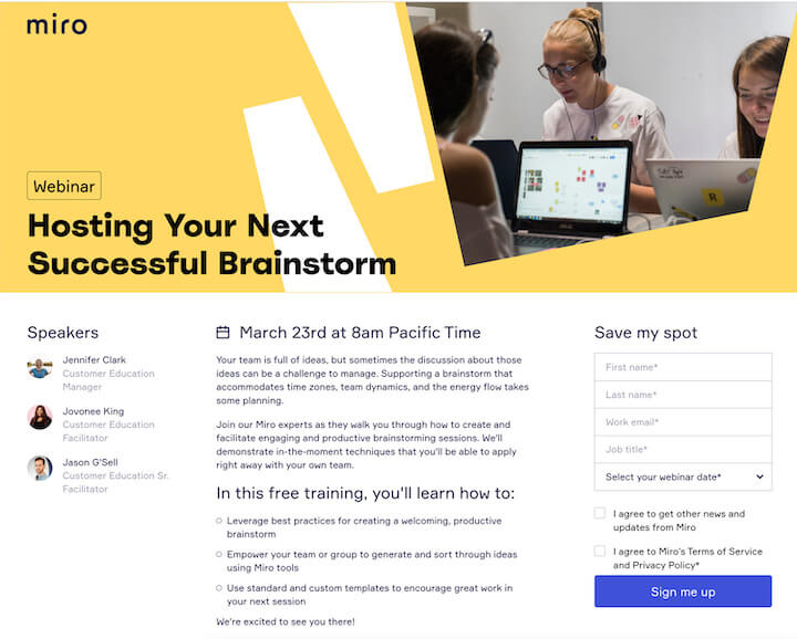 webinar event landing page example by miro