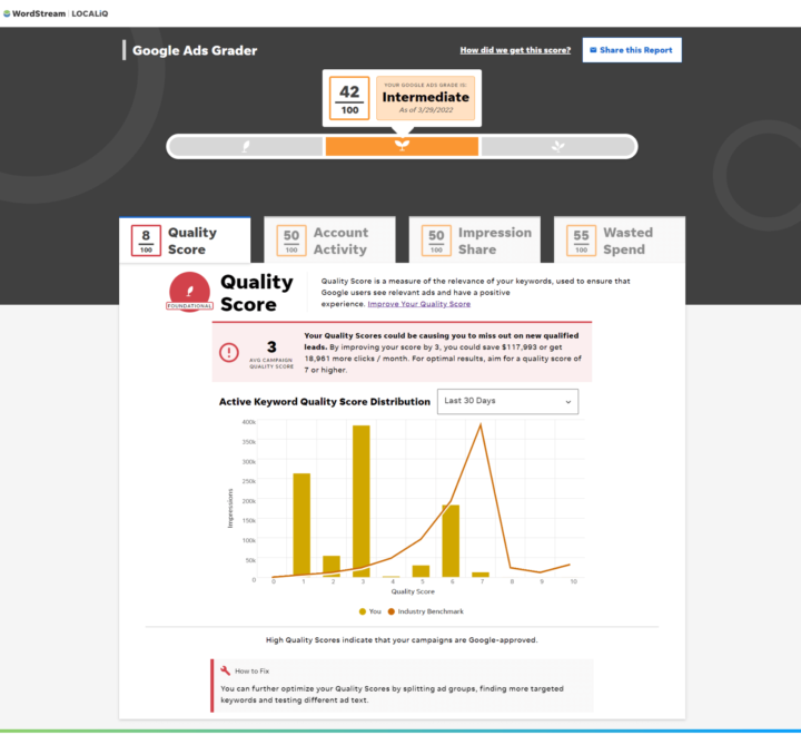 google ads account anatomy - wordstream google ads grader tool screenshot