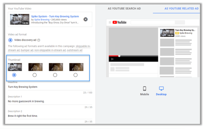 youtube in-feed video ad thumbnail options