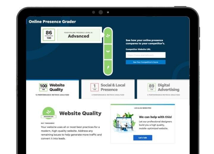 digital marketing statistics - example of localiq website grader screen