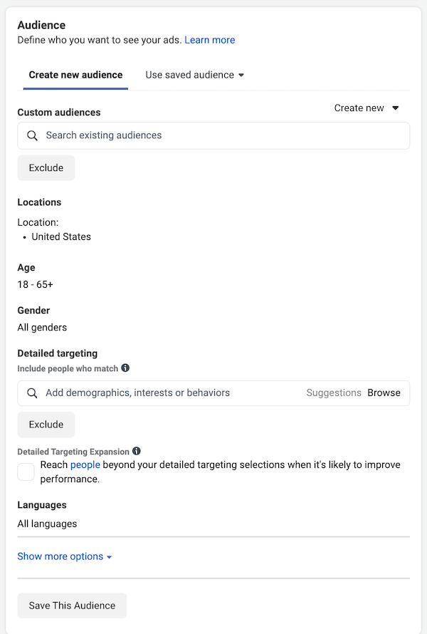 facebook ad audience settings