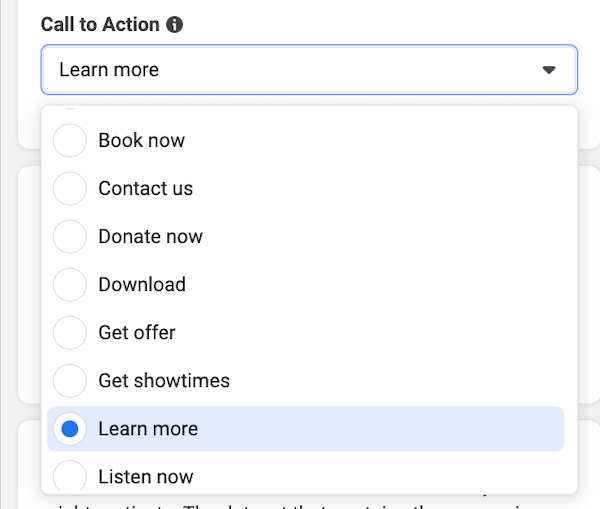 facebook ad creation - call to action list