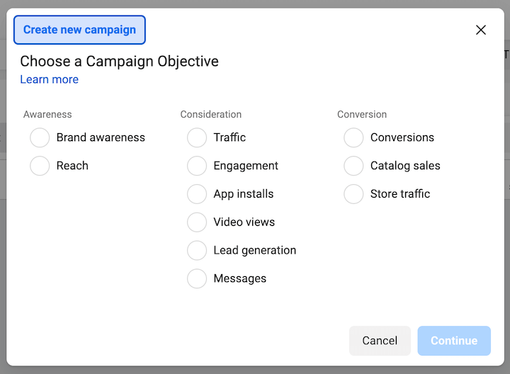 Facebook outlet campaign objectives