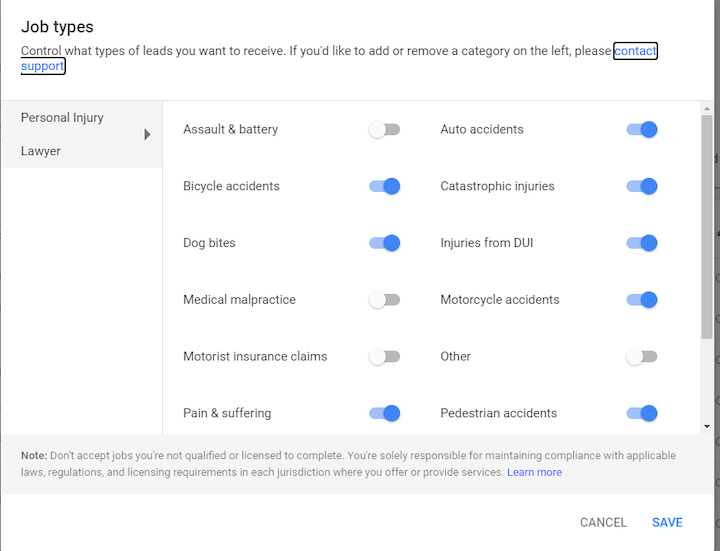 google local services ads - job types