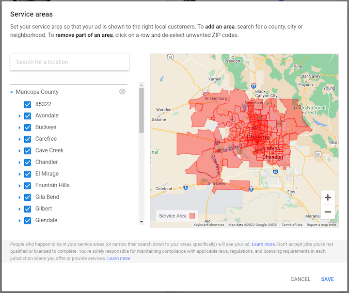 anúncios de serviços locais do google - seleção de área de serviço