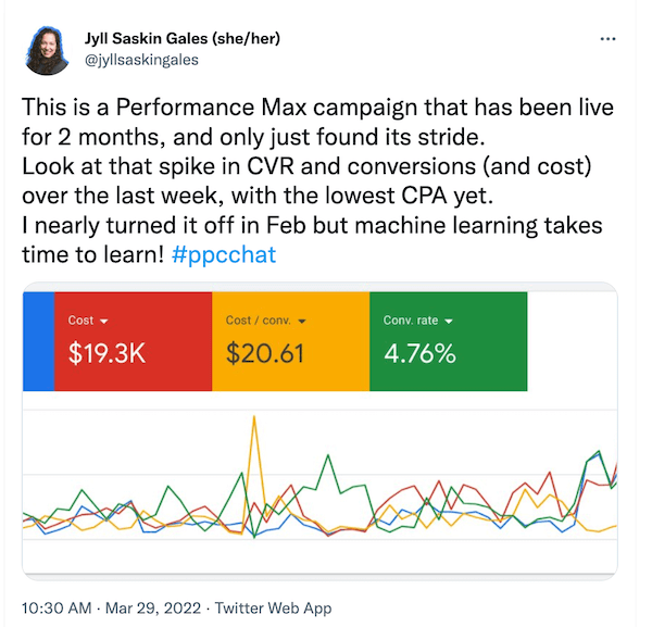 tweet en faveur des performances maximales de Google Ads