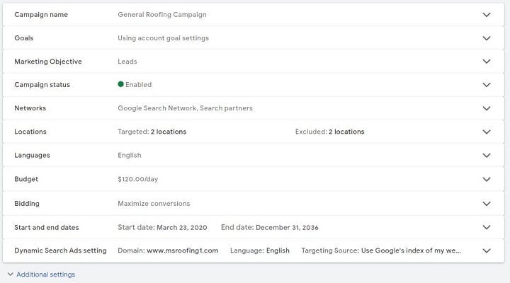 google ads account anatomy - campaign settings screenshot