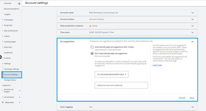 google ads account anatomy - example of the account level auto suggestion options