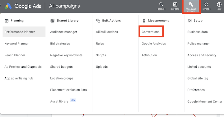 google ads - how to access conversions from tools and settings