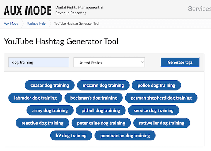 youtube hashtag generator aux mode