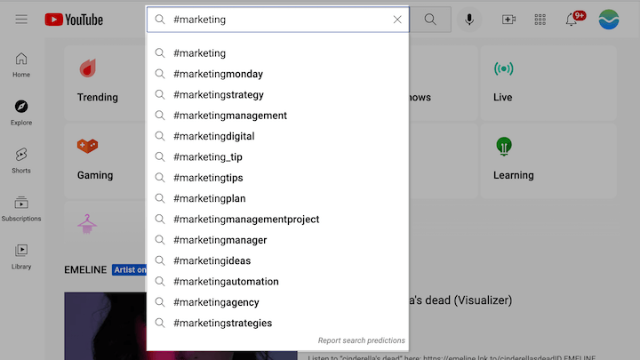 cómo encontrar hashtags de youtube usando la sugerencia de búsqueda