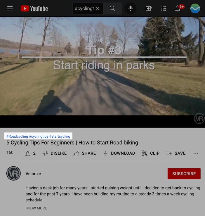 ejemplo de hashtags de youtube en video de ciclismo