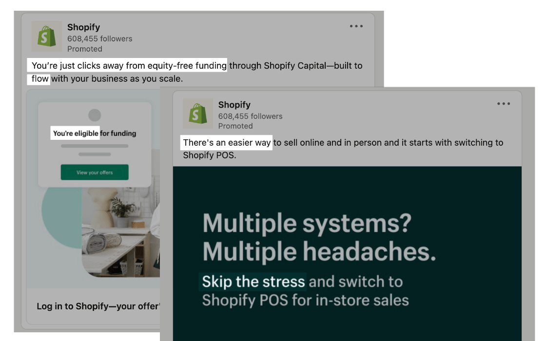 Emotional ad copy example - POS linkedin ad for shopify