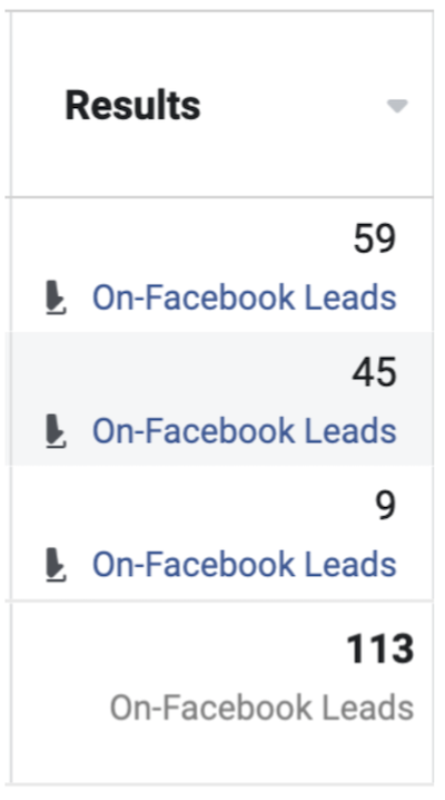 Captura de pantalla de los informes de anuncios de Facebook: clientes potenciales