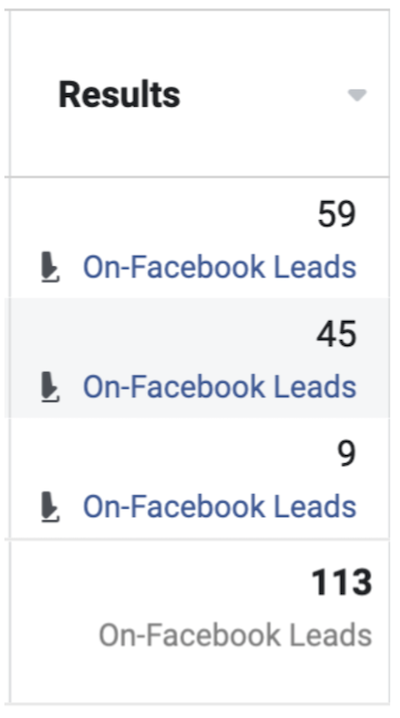 facebook 广告报告屏幕截图 - 潜在客户