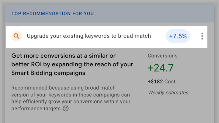 Recomendación de Google Ads para "Mejora" concordancia amplia