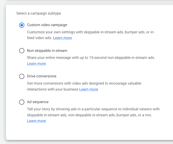 como anunciar no youtube - subtipos de campanha
