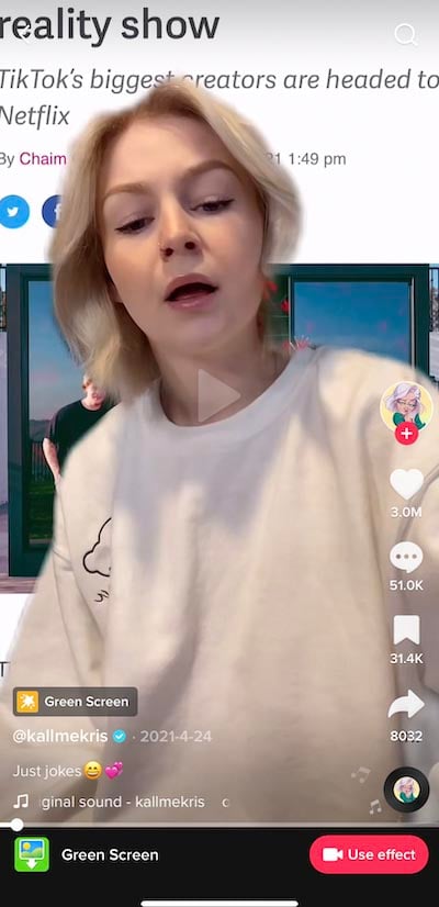 comment obtenir plus de likes sur tiktok - capture d'écran de la vidéo avec écran vert