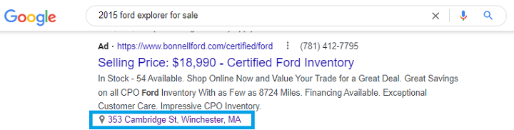 google ad extensions - affiliate location example