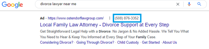 谷歌广告附加电话信息 - serp 上的附加电话信息示例
