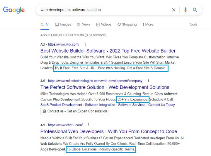 google ad extension - example of callout extension serp