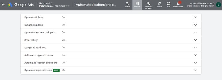 google ad extensions - screenshot of all dynamic extensions listed in the platform